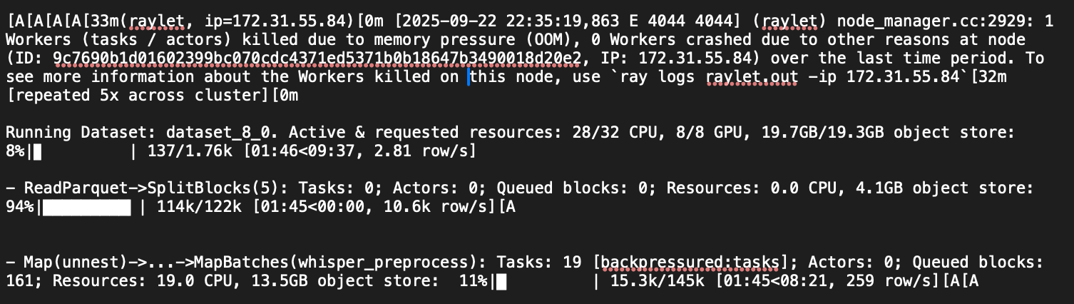 Audio transcription logs of Ray Data with several tasks failing